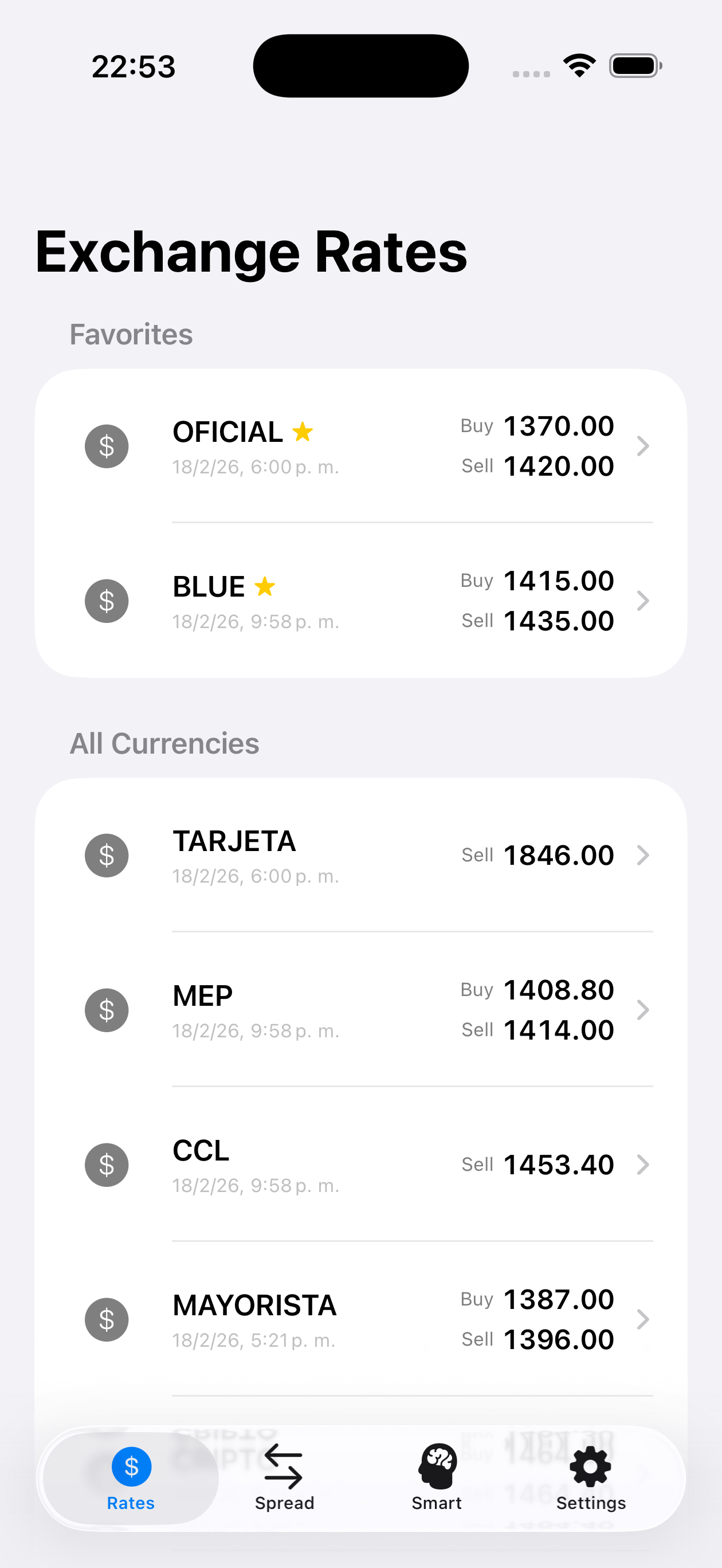 Dolar+ – Exchange rates screen